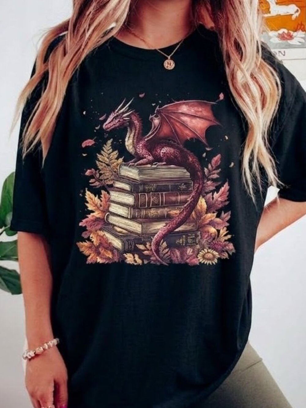 Fall Book Dragon Fantasy Reading Graphic Tee, Reader Gift